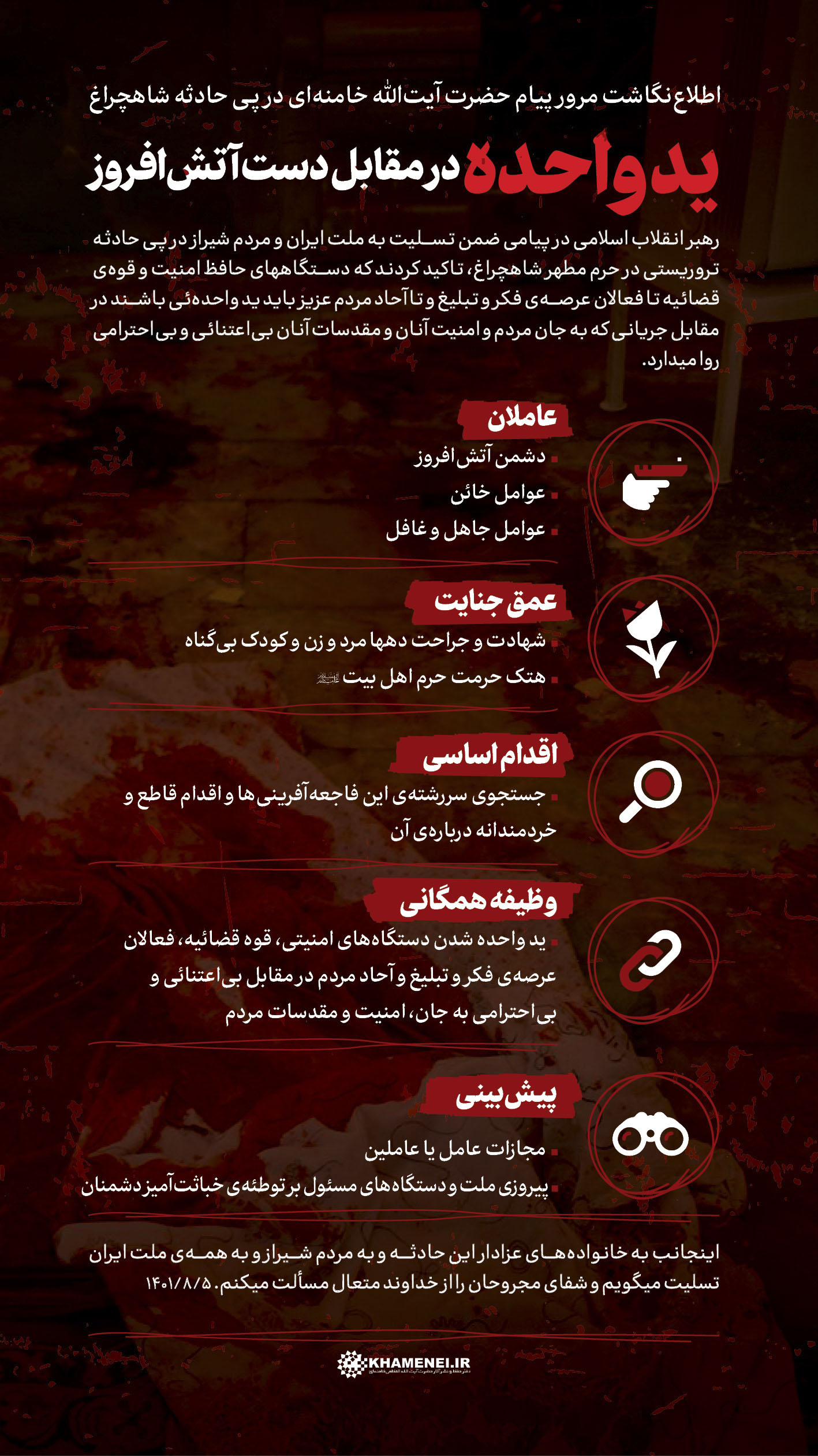 پیام رهبر معظم انقلاب در پی حادثهی تروریستی در حرم حضرت احمد بن موسی شاهچراغ علیه السلام shohada haram shahecheragh ASTANAHMADI - پیام رهبر معظم انقلاب در پی حادثهی تروریستی در حرم حضرت احمد بن موسی شاهچراغ علیه السلام